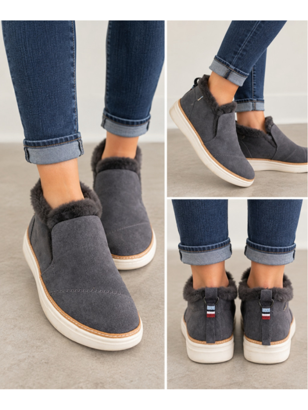 TOMS Women's Gray Suede Faux Fur Lined Slip-On Ankle Booties Sneakers Size 6